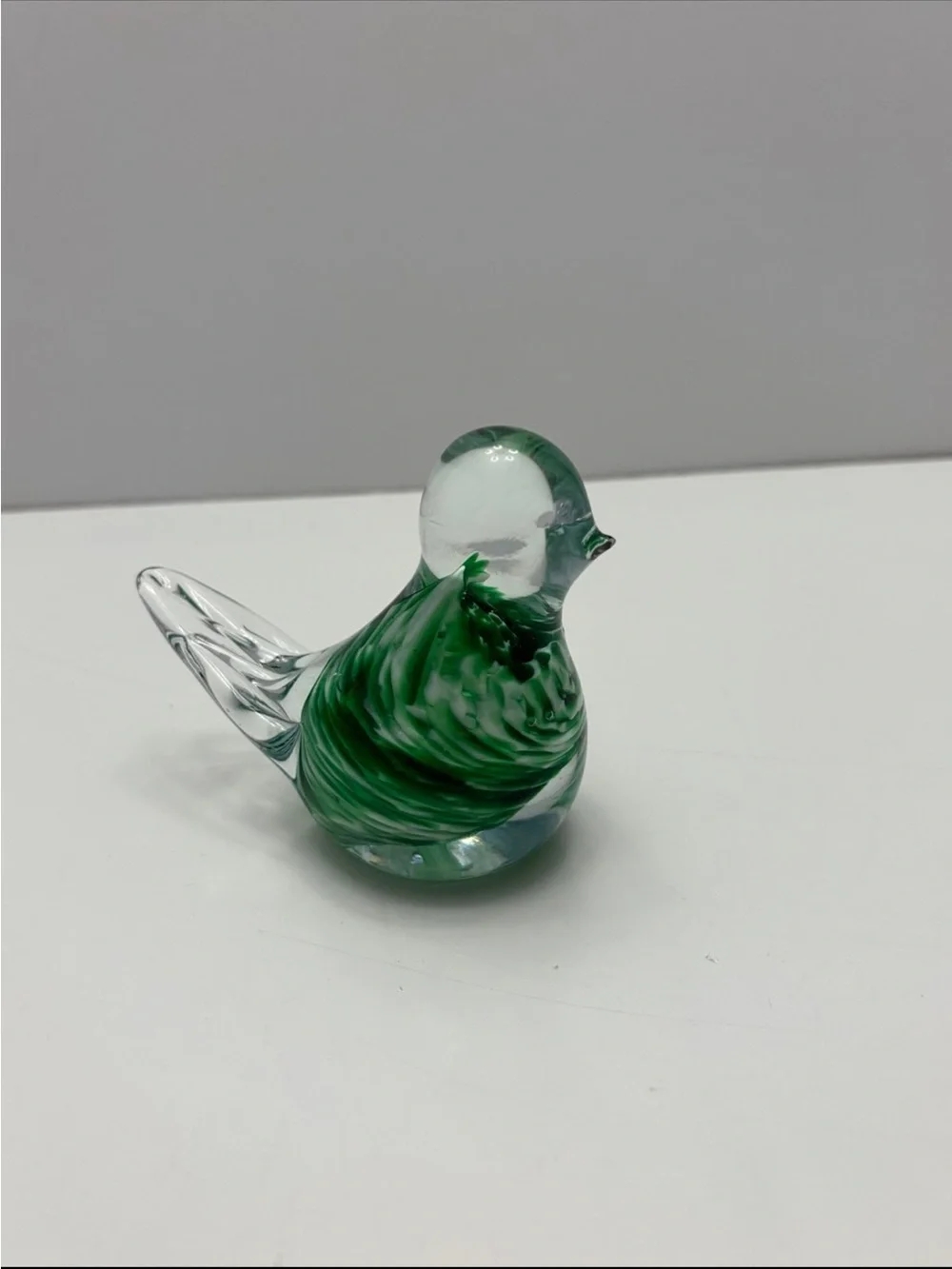 vintage handblown art glass bird figurine clear head and tail and marble green